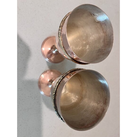 Set of 2 Orfe Mexican? Copper over Silver Wine Goblets Brass Stems Mixed Metals - Picture 10 of 14